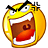 Yellow cartoon face with exaggerated open mouth showing teeth and tongue, wide eyes, black eyebrows; right side shows a different expression with one eye larger than the other.