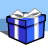 Pixelated blue gift box with white vertical stripes and a silver bow on top, set against a light blue background.