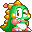 Pixel art contact sheet of a green dragon-like character with yellow spikes and pink cheeks in six animated frames showing different poses, expressions, and heart animations.