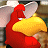 Static pixelated cartoon of a red bird with large yellow beak and white eye, set against blurred background.