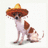 Pixelated dog wearing large brown sombrero with yellow band, sitting upright on white background.