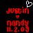 Red pixelated text 'justin', 'nandy', and 'm.2.09' on black background with white heart symbol above 'justin'.