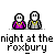 Two pixelated figures in purple and gray outfits with yellow necklaces stand side-by-side under text reading 'night at the Foxbury' on a gray background.