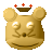 Pixelated golden bear head with large rounded ears, glowing white eyes, a small dark nose, and a wide curved mouth, topped by a brown bowl with three red crosses.