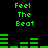 Green pixelated text and audio waveforms on black background, with repeated 'Feel The Beat' phrases in two