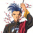 Pixelated anime-style character with spiky blue hair, holding a golden sword above head, wearing dark jacket with red inner lining and white collar, surrounded by pink and white particle effects.