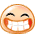 Two pixelated circular faces with orange-brown borders, closed eyes, and wide red-lined grins showing white teeth against a gray background.