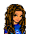Pixel art icon featuring a woman with long brown hair, blue clothing, and multiple yellow crescent moon-star symbols surrounding text fragments.