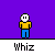 Pixel art character with white head, yellow shirt, blue pants on purple background; gray bar below displays 'Whiz' text.