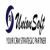 Pixelated graphic with a dark blue curved shape on the left, black and gray text-like forms in the center, and a gray dotted pattern on the right.