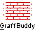 Pixelated character in yellow shirt and blue pants stands before red brick wall, with text overlays changing from 'GraffBuddy' to 'Baller' across frames.