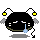 Pixelated black circular character with yellow antennae tips, gray side elements, and a single blue tear on its face.