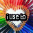 six identical pixelated heart-shaped icons with rainbow-colored radiating lines, each overlaid with black text boxes containing white lowercase letters