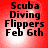 Red background with black text reading "Scuba Diving Flippers Feb 6th" in four identical quadrants, each showing a slightly different pixelated version of the same text.