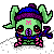 Pixelated green creature with pink X on forehead, red eyes, purple mouth, blue-and-purple striped hat, and blue scarf against gray background with white snowflakes.