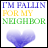 Static pixel art icon with three lines of colored text above a blue heart symbol on white background.
