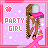 Pixel art contact sheet showing two frames of an animated buddy icon with a cartoon girl character, pink and purple background, and text changes between frames.