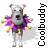 Pixelated dog mascot wearing purple and gold jester collar with yellow bells, displayed in a 2x2 contact sheet of three animated frames showing slight pose variations against white background.