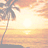 Pixelated beach scene with palm tree and sunset, overlaid with red pixelated text in four sections.