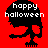 Pixelated skull with 'happy halloween' text on red background, showing three color variations of the same design.