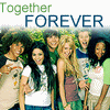 Group of six people posing together with text 'Together FOREVER' above them, green and blue lettering on white background.