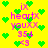 Yellow background with green heart shapes and pink text elements arranged in a repeating pattern.