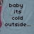 Pixelated text on a light blue background with partial red vertical elements, displaying phrases about cold weather and winter.