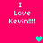 Pixelated text "I Love Kevi" with four exclamation marks on a bright pink background, accompanied by two heart symbols in cyan and gray.