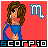 Animated pixel art contact sheet showing a female character with brown curly hair in blue dress and silver earrings, paired with animated Scorpio zodiac symbol on red background.