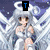 Pixelated anime-style character with silver hair and wings, seated in a white dress against a blue background.