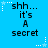 Blue background with repeated text 'shh... it's a secret' and white star-shaped sparkles in pixelated style.