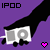 Pixelated image of a black hand holding a white and gray iPod against purple background with colored hearts below.