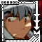 Pixelated anime-style character with gray hair and light eyes, framed by a decorative border with arrows and hearts.