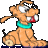 Pixelated cartoon dog with orange fur, turquoise collar, and red tongue sticking out while holding a stick.