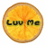 Circular pixelated icon with orange-brown border and yellow-orange gradient background featuring radiating lines, black text "Luv Me" centered horizontally.