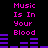 Pixelated text "Music Is In Your Blood" in bright pink on black background with purple audio equalizer bars shifting between two states.