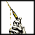 Animated icon featuring a striped creature with a yellow-tipped horn, text changing from 'cure' to 'cure my', and animated yellow lines.