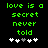 Green pixelated text on black background reads 'love is a secret never told' with five white and gray heart symbols below.
