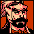 Pixel art portrait of a bearded man with pinkish hair and beard against an orange background, rendered in 8-bit style with dithering effects.