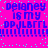 Pixelated text repeats across a bright pink background with scattered cyan dots, forming two identical horizontal sections of blue lettering and symbols.