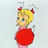 Pixelated cartoon character with blonde hair and red bows wears a red dress, standing against light gray background.