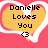 Pixelated heart-shaped icon with yellow interior and pink border containing black text "Danielle Loves You <3".