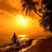 Sunset scene with silhouetted figure on beach, palm trees, and bright sun over water, transitioning to include a white '3' in the lower right corner.