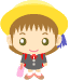 Pixelated cartoon character with yellow hat, brown hair, green eyes, red backpack straps, dark gray dress, white socks, pink shoes, and blue side ponytail.