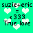 Pixelated green background with white hearts, displaying 'suzie+eric = <333 True love' text in black pixel font across two identical sections.