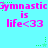 Pixelated cyan background with repeating pink text and green star animations, showing 'Gymnastic is life<33' in three
