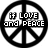 Black and white pixelated peace sign icons with text fragments arranged in a , displaying phrases about love and peace