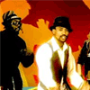 Animated sequence showing four figures against a red and orange background with stylized shapes, figures change positions and clothing details across frames.
