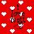 Red background with white pixelated hearts; black text "I love to get" with a heart symbol; animated heart symbol changes position.