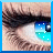 A pixelated eye with a blue and turquoise iris reflecting light, next to the word 'Blue' in white block letters on a solid blue background.